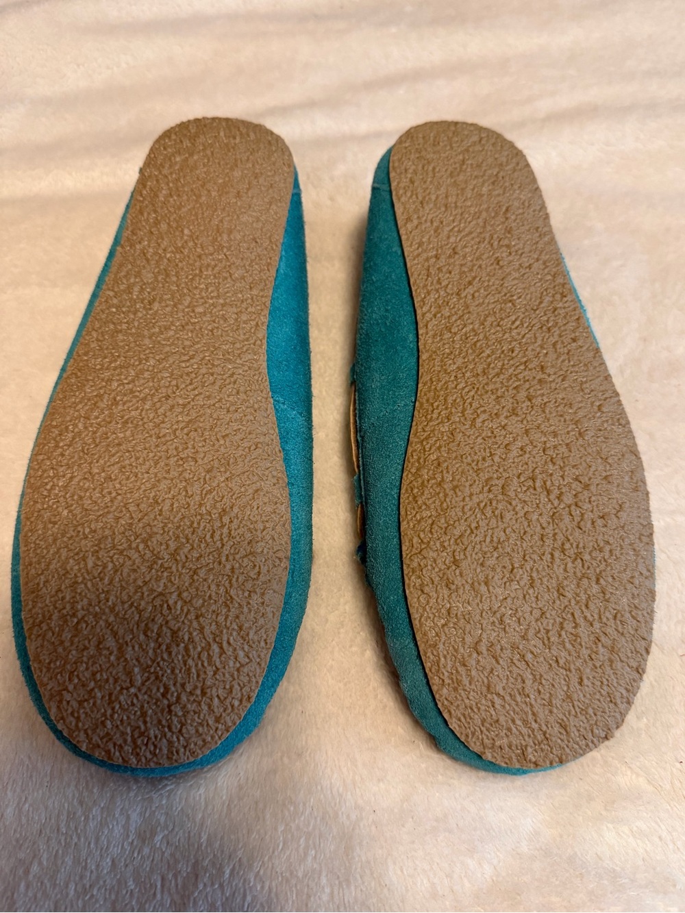 Minnetonka Teal Suede Shearling-Lined Moccasins - Picture 2 of 7